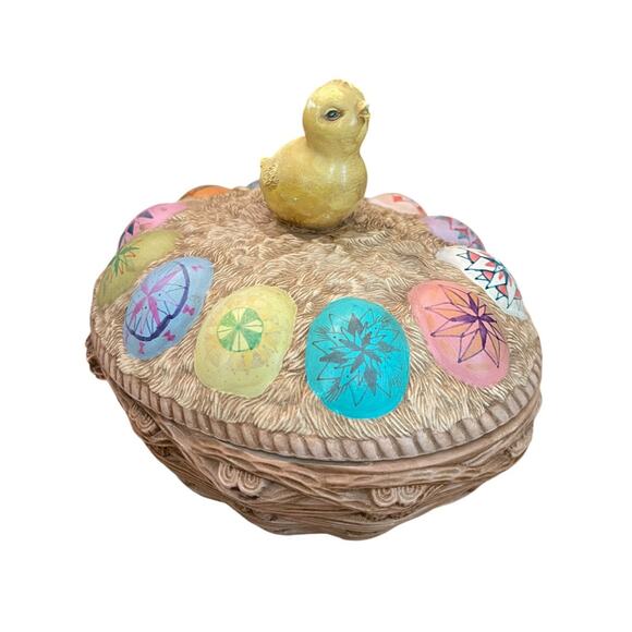 Vintage Hand Painted Chick on Ukrainian Eggs Basket Lidded Cookie Jar